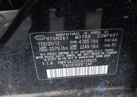 2012 Hyundai Azera Gls/Limited from USA, damaged, VIN KMHFG4JG5CA138605